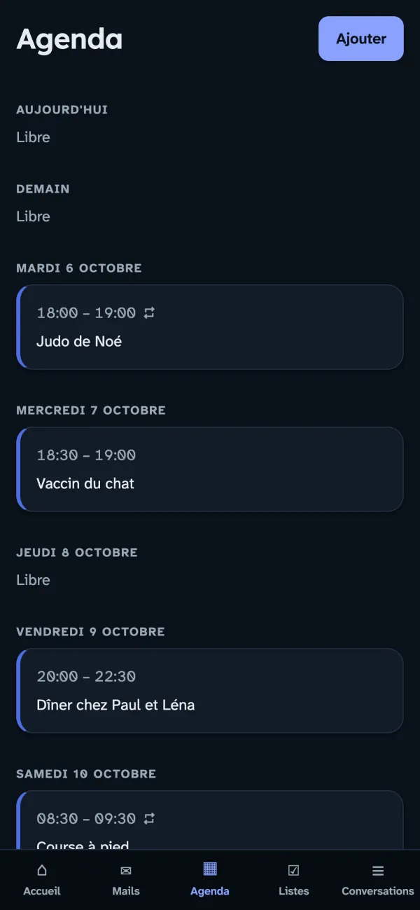 L'agenda perso sur téléphone, jour par jour ; les rendez-vous qui se répètent portent une petite flèche circulaire.