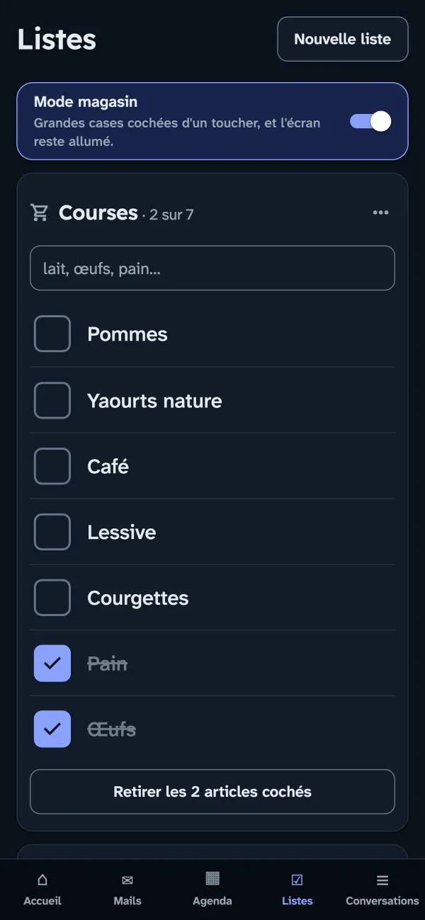 La liste de courses sur téléphone, en mode magasin : de grandes cases à cocher.