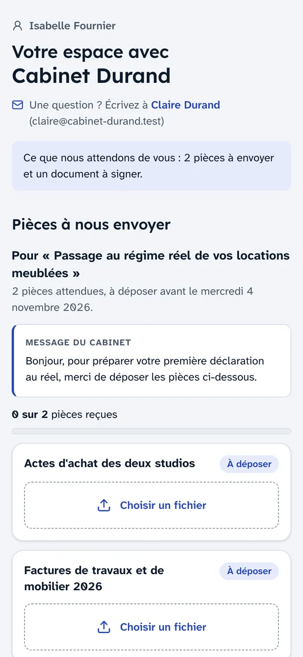 L'espace d'Isabelle Fournier avec le Cabinet Durand, sur téléphone : «&nbsp;Ce que nous attendons de vous : 2 pièces à envoyer et un document à signer&nbsp;», puis les pièces à déposer.
