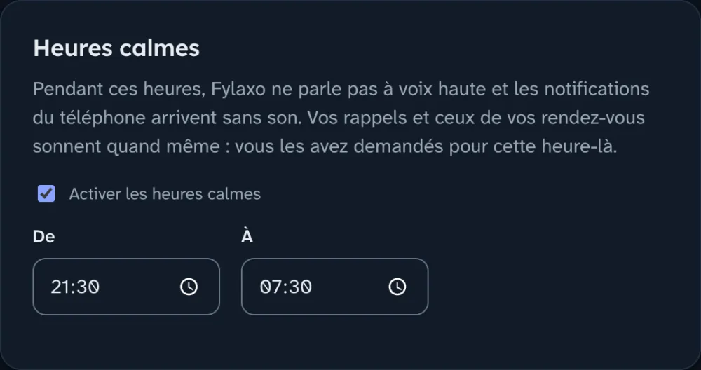 Réglages, Heures calmes : activées de 21 h 30 à 7 h 30.