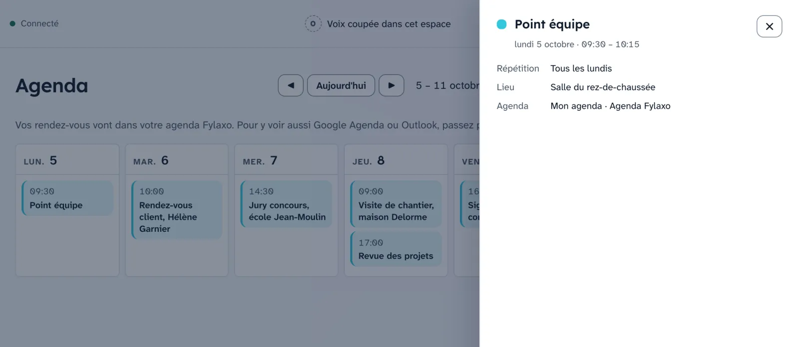 L'agenda de la semaine de l'agence, avec le détail du « Point équipe » : tous les lundis, salle du rez-de-chaussée.